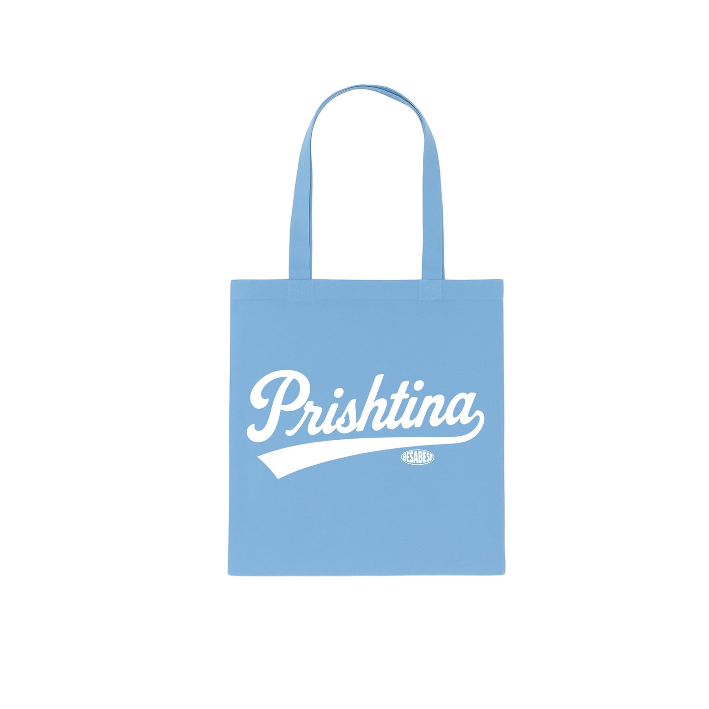 Light blue tote bag with 'Prishtina' text on a white background