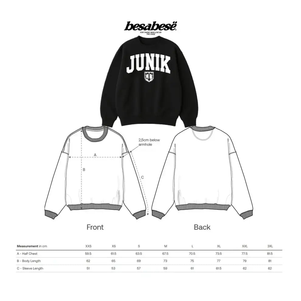 Black sweatshirt with 'JUNIK' branding and measurement chart for sizing.