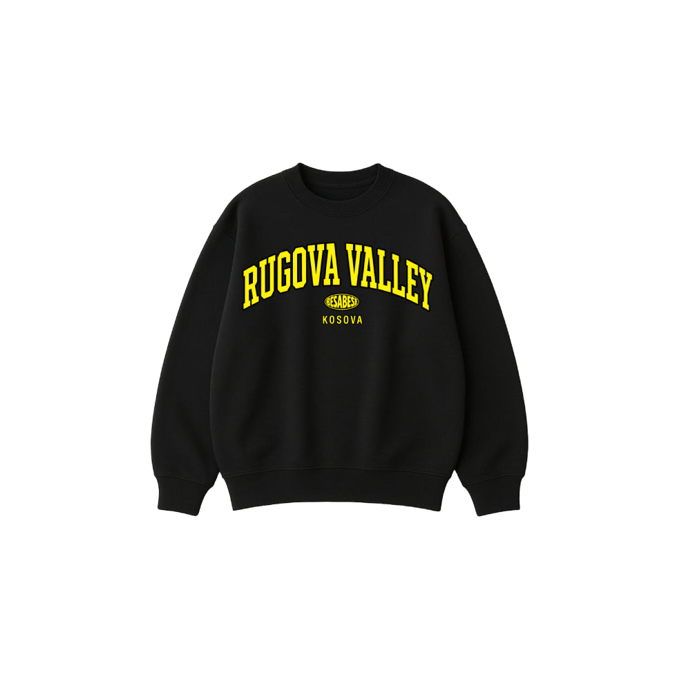 Black sweatshirt with yellow text on a white background