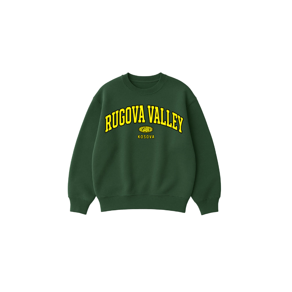 Green sweatshirt with yellow text on a white background