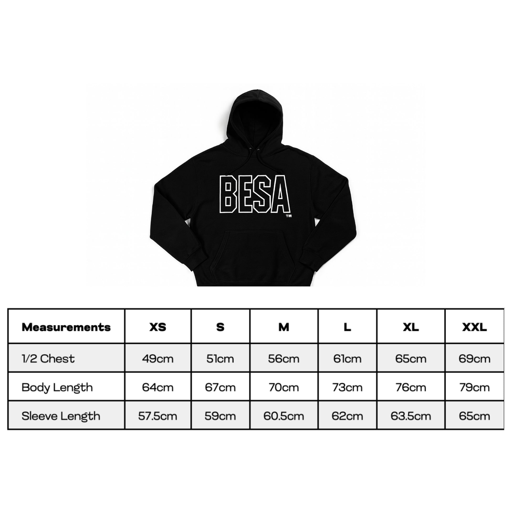 Black hoodie with 'BESA' branding and size chart on a white background