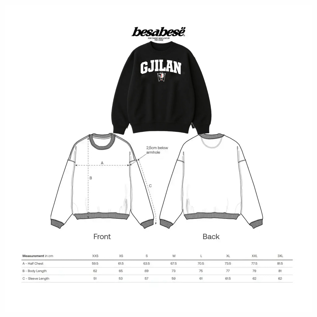 Black sweatshirt with 'GJILAN' text and measurements chart on a white background