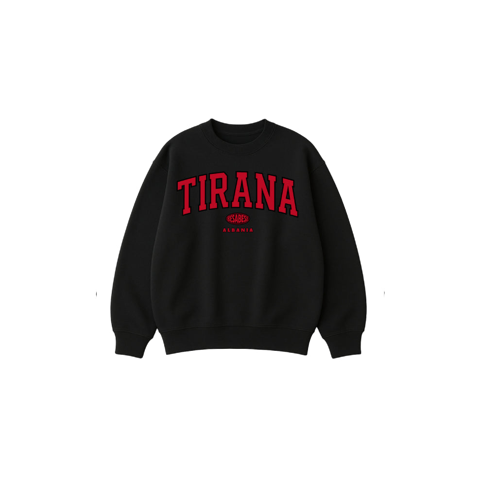 Black sweatshirt with red 'TIRANA' text on a white background