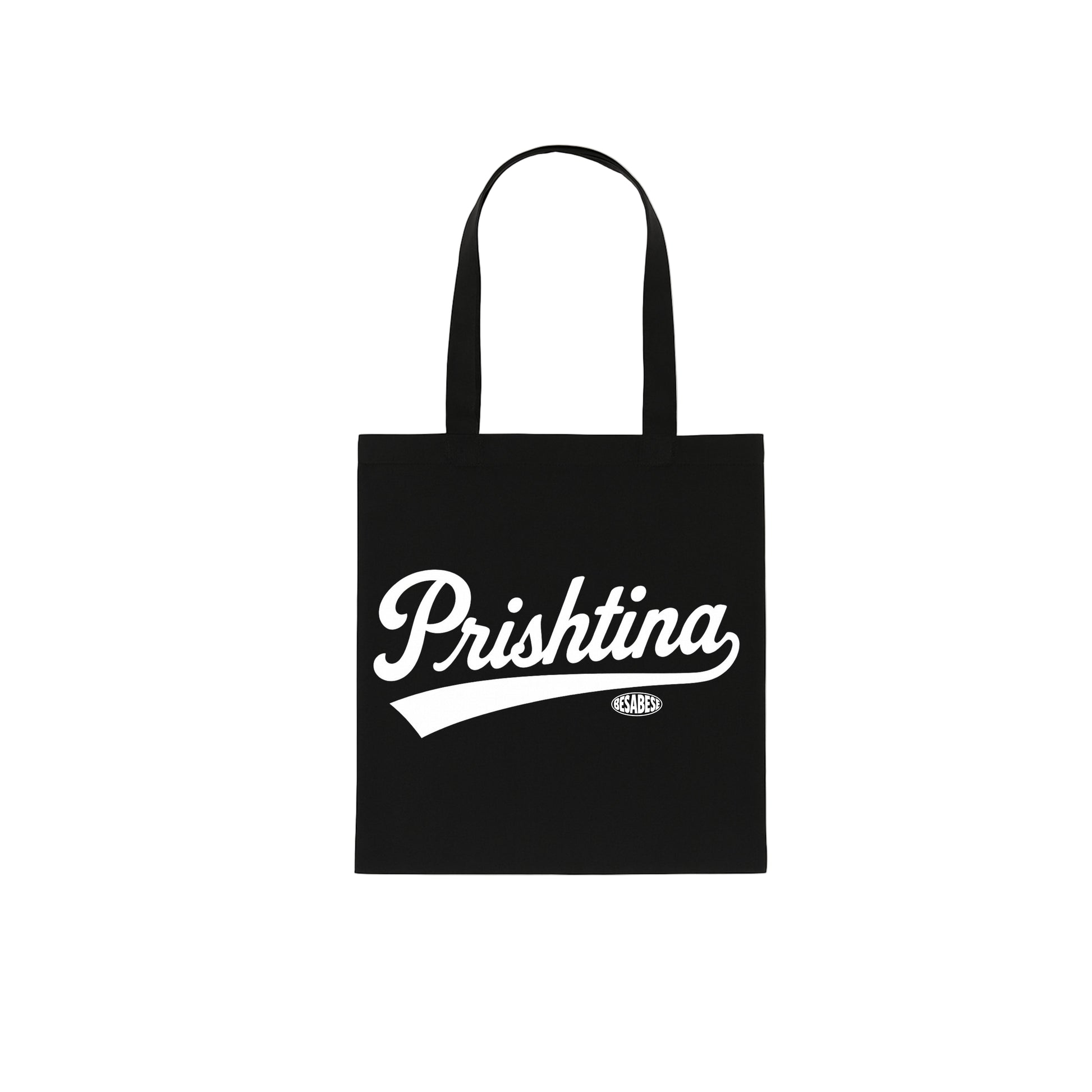 Black tote bag with 'Prishtina' printed in white on a white background