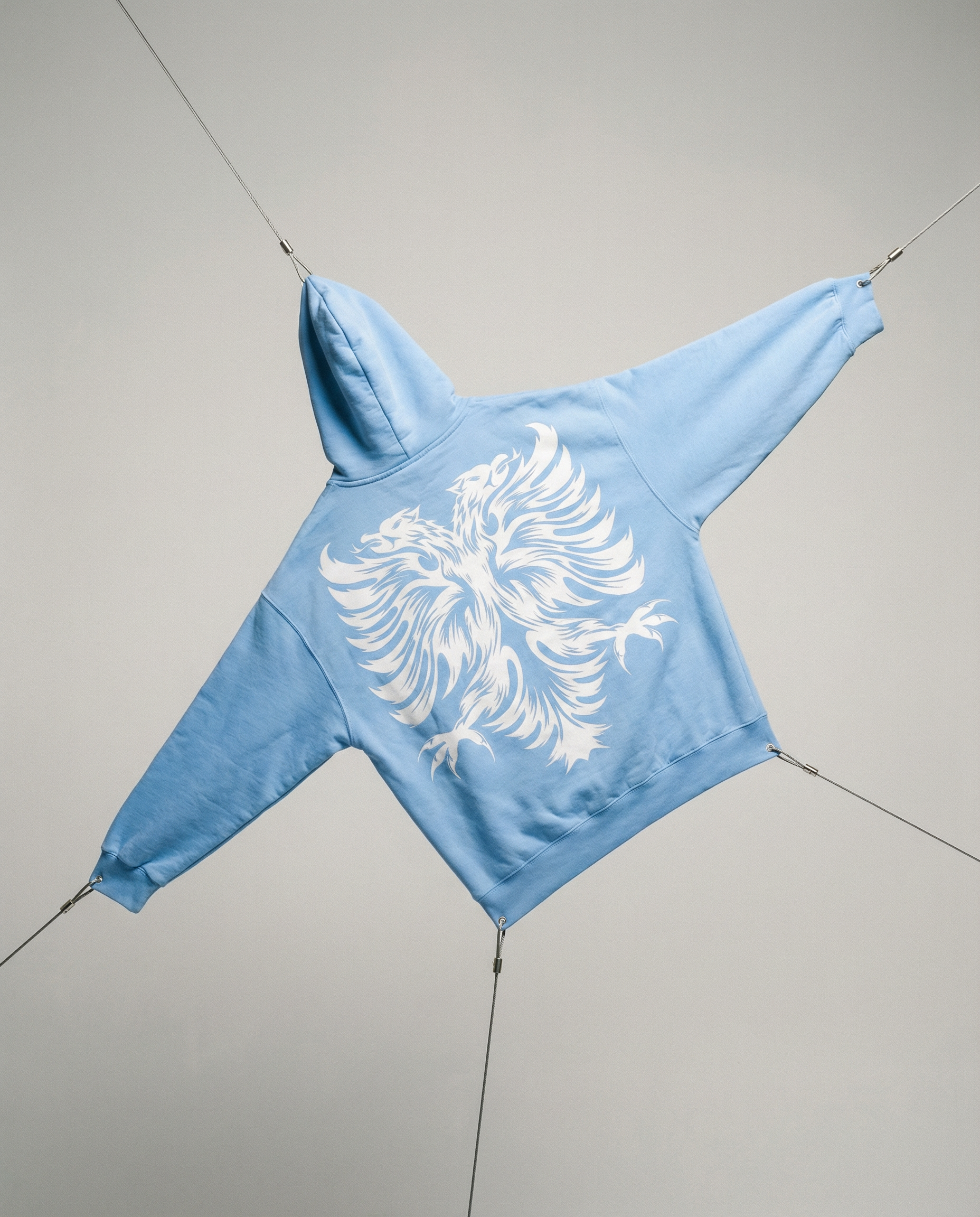 Light blue hoodie with a white eagle design on a gray background