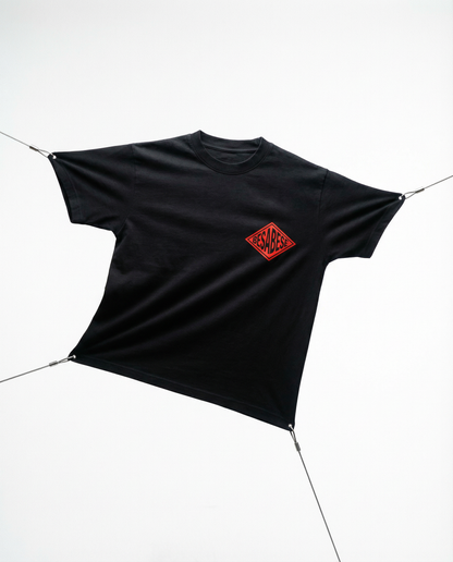 Black tarp with a red logo on a white background