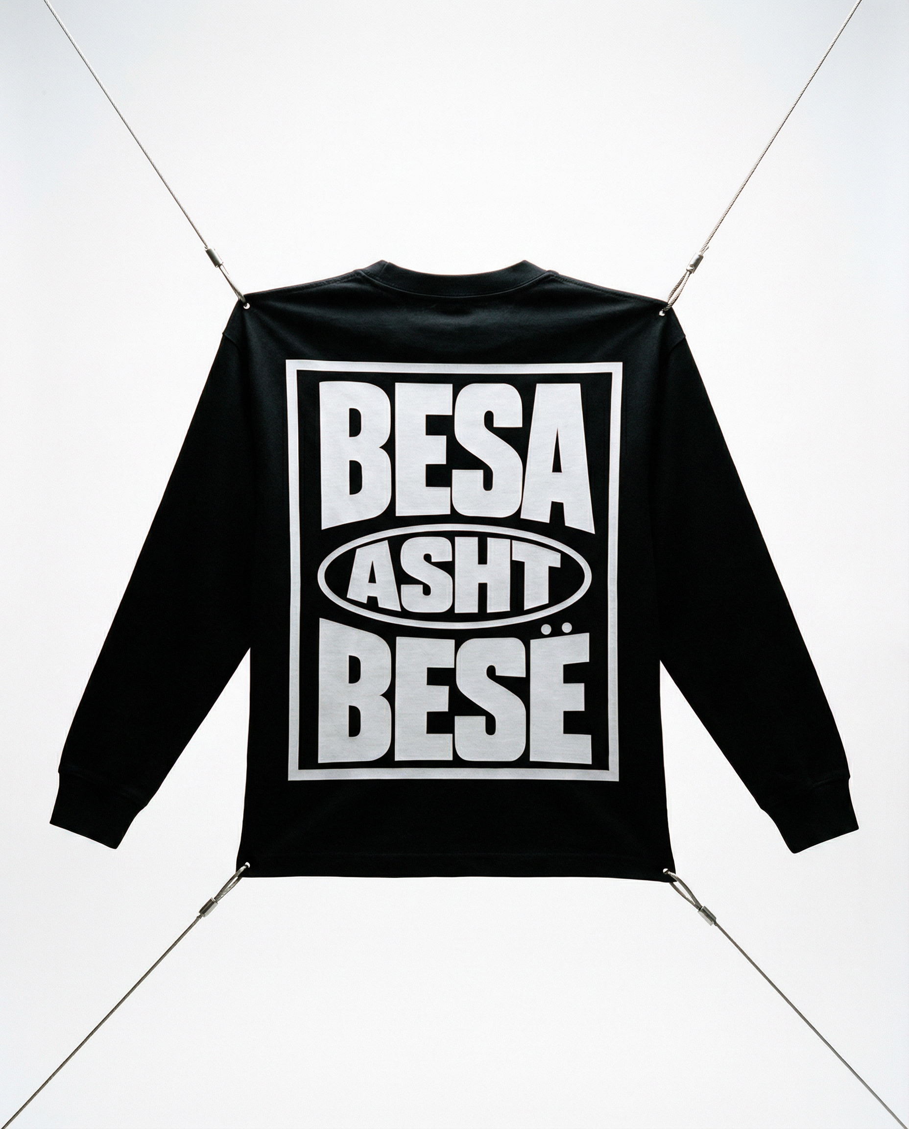 Black jacket with white text on a white background