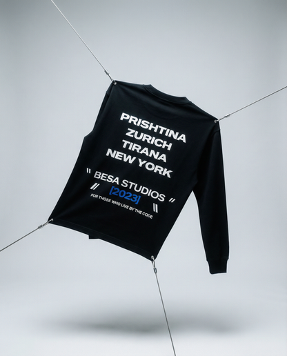 Black sweatshirt with text on a white background