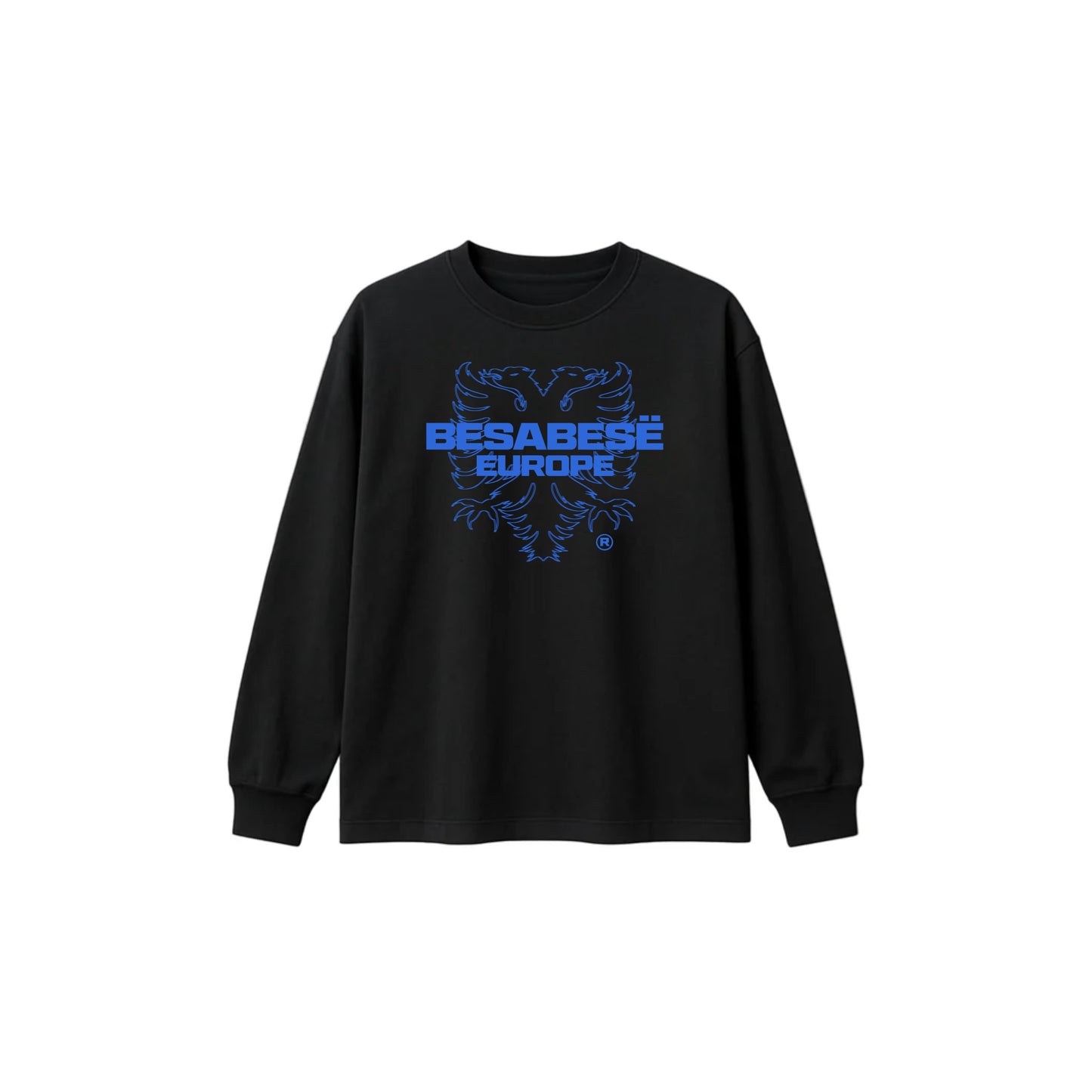 Black sweatshirt with blue graphic design on a white background