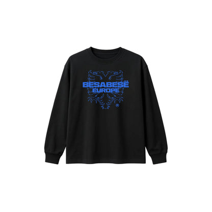 Black sweatshirt with blue graphic design on a white background