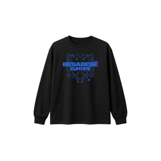 Black sweatshirt with blue graphic design on a white background