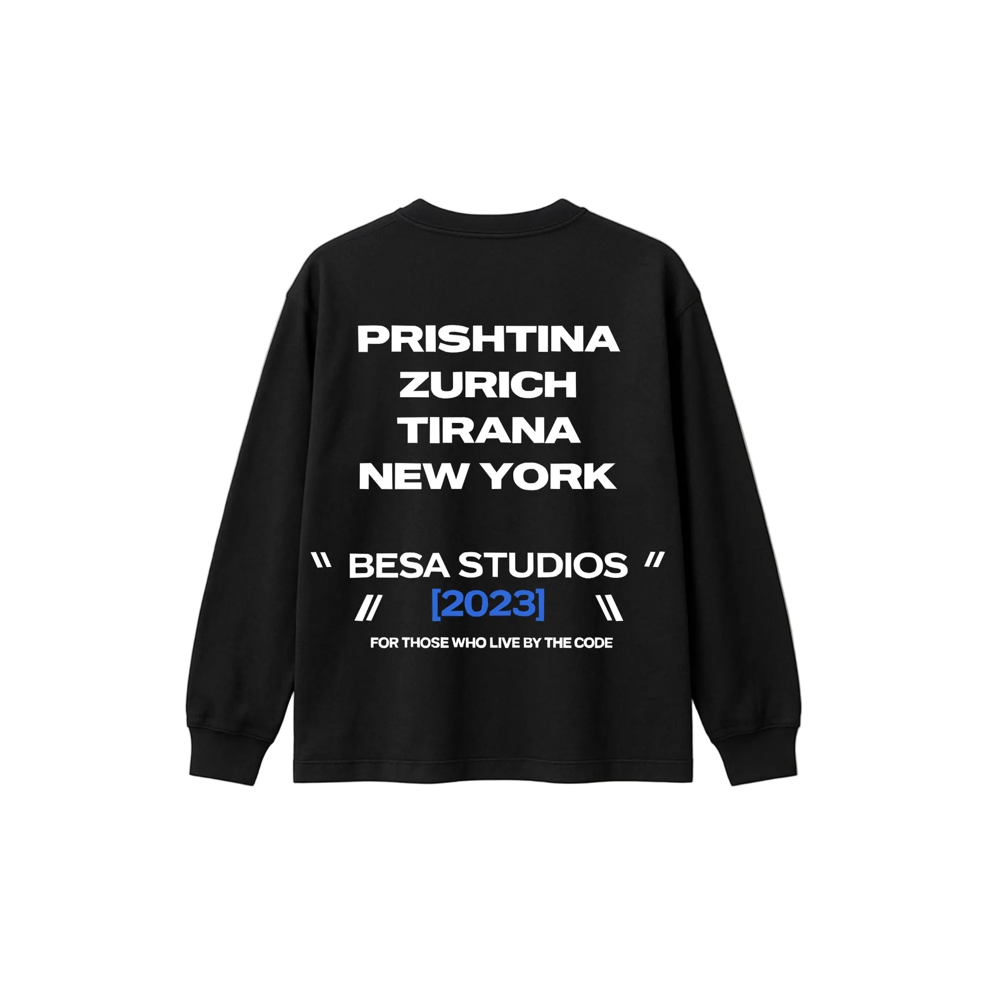 Black sweatshirt with white text on a light gray background