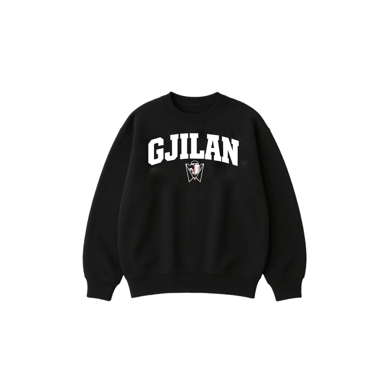 Black sweatshirt with 'GJILAN' text on a white background