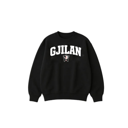 Black sweatshirt with 'GJILAN' text on a white background