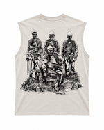 A sleeveless crewneck t-shirt in off-white, featuring a large black and white graphic print of three stylized, bandaged figures on the front.