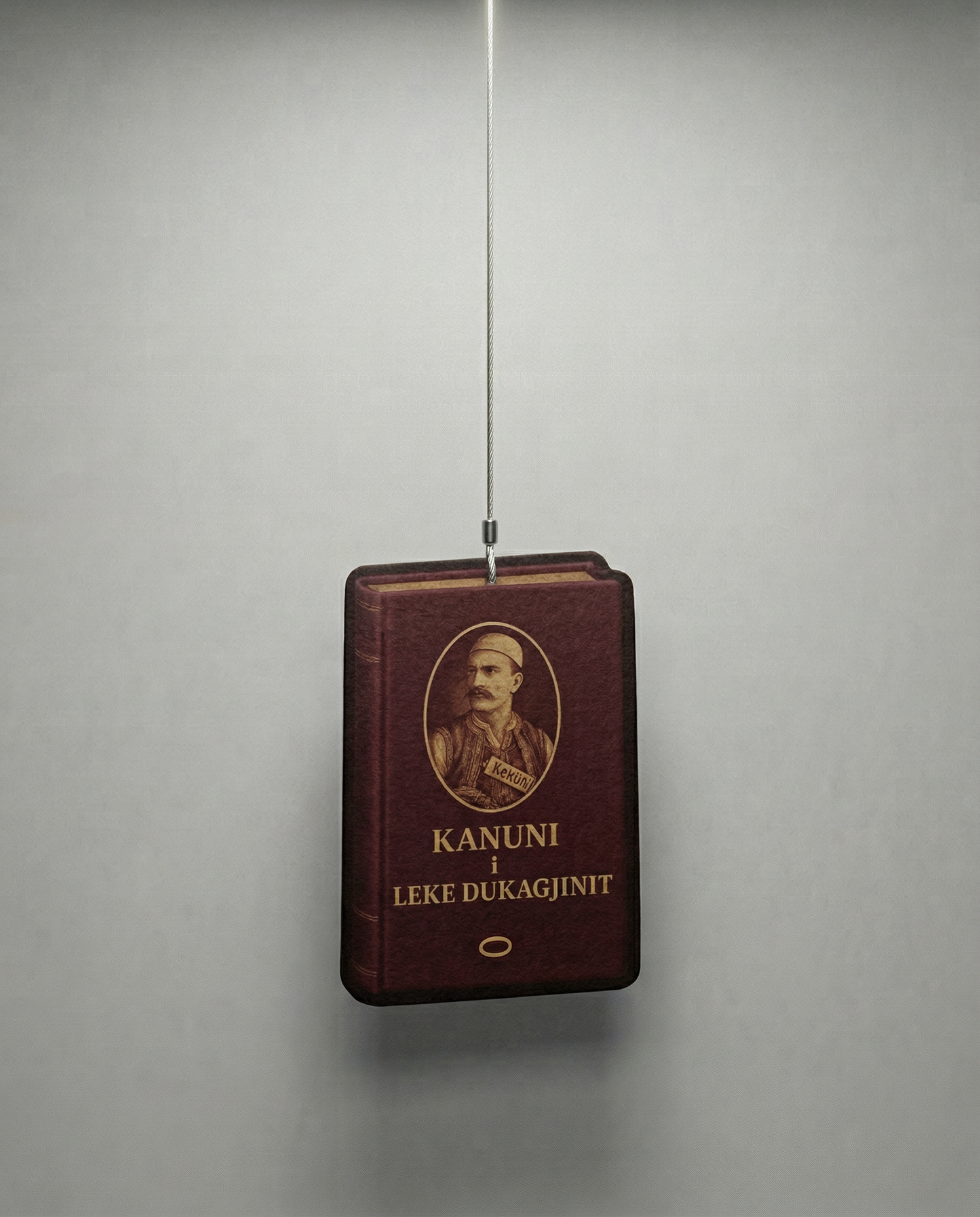 Vintage book with a portrait on the cover, hanging against a plain background