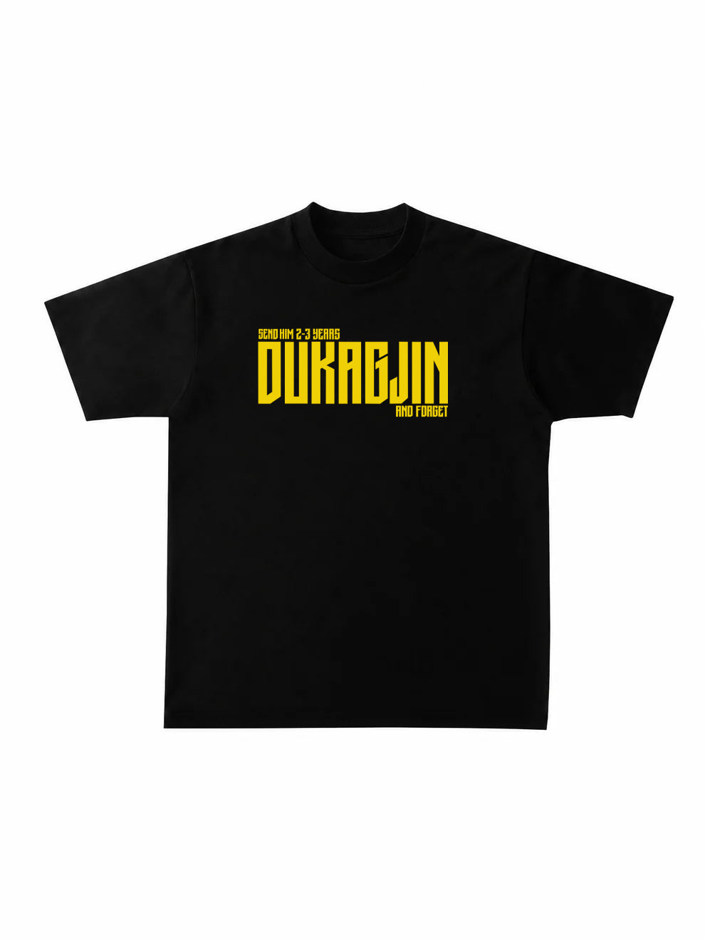 A black short-sleeve crewneck t-shirt with a bold yellow graphic print on the chest.
