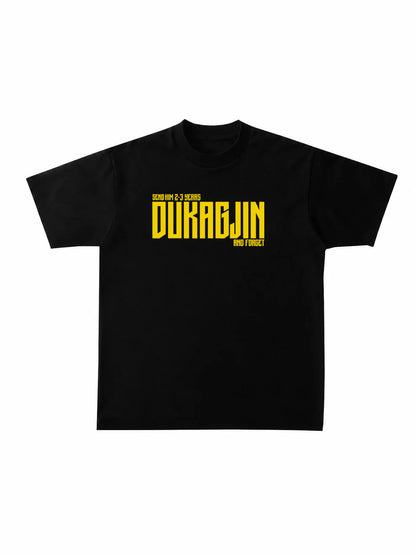 A black short-sleeve crewneck t-shirt with a bold yellow graphic print on the chest.