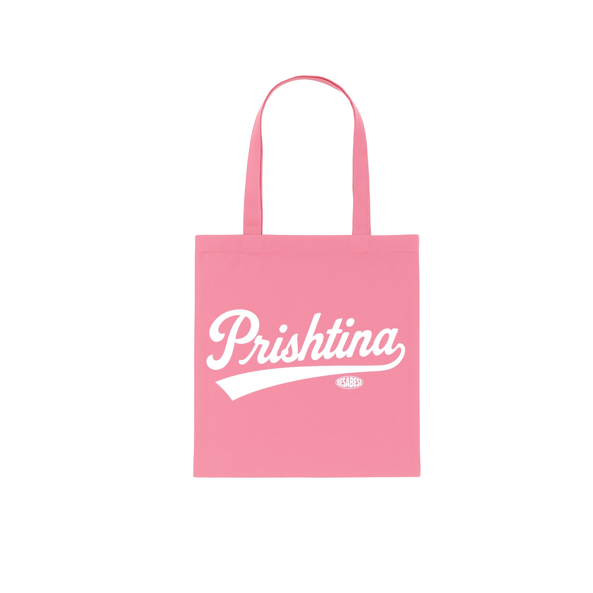 Pink tote bag with 'Prishtina' text on a white background