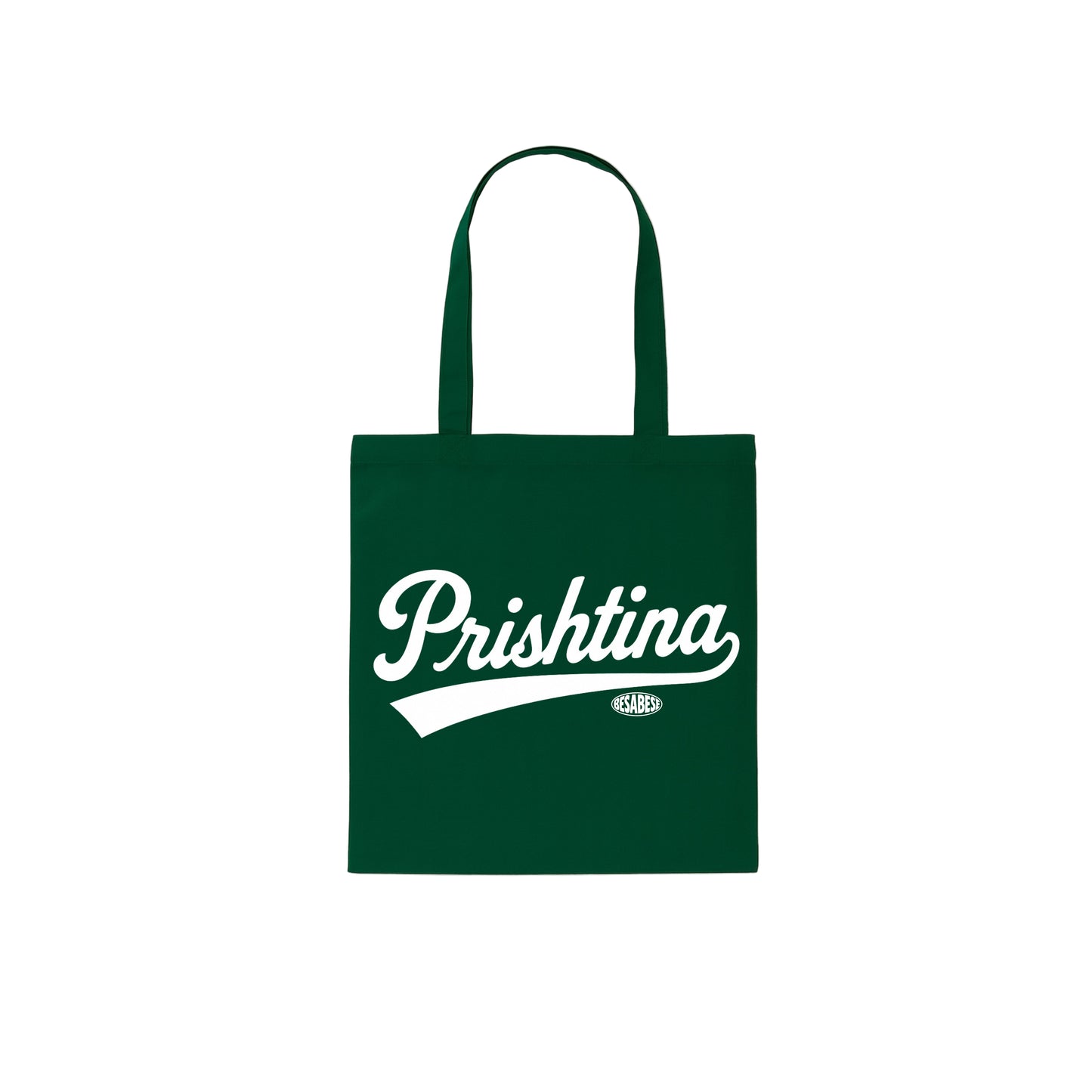 Green tote bag with 'Prishtina' text on a white background