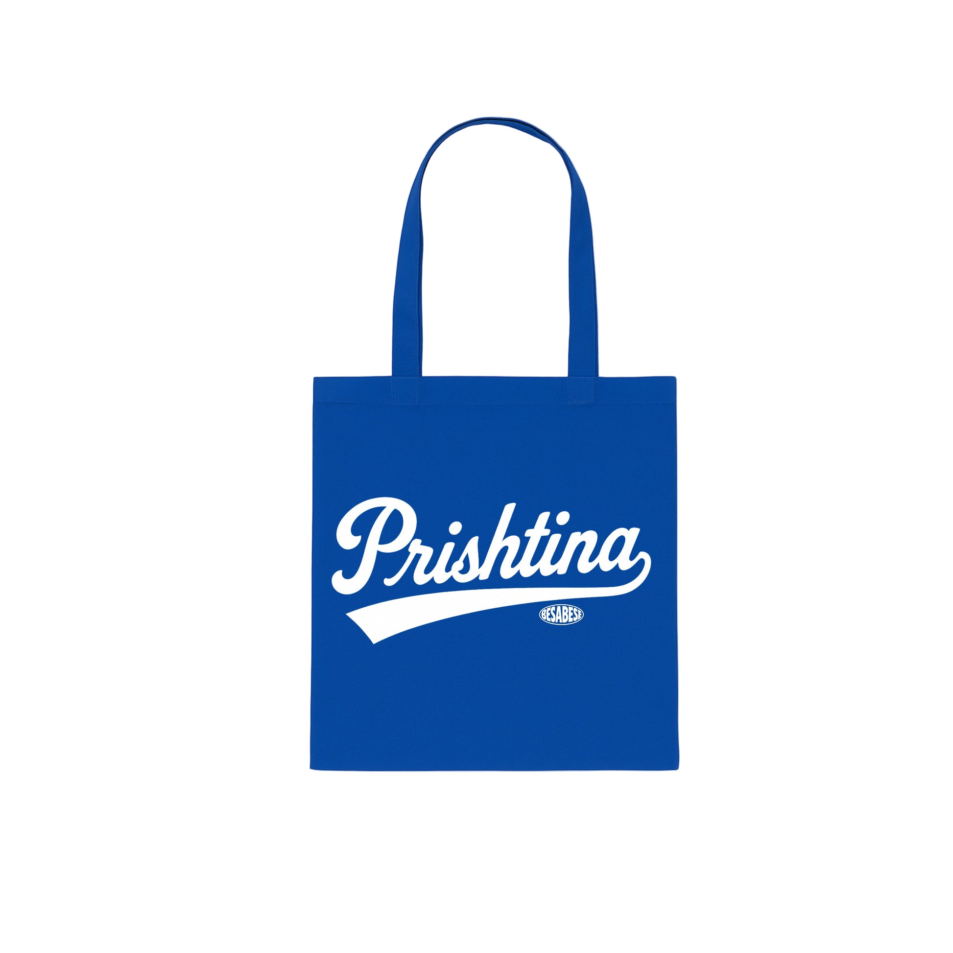 Blue tote bag with 'Prishtina' text on a white background