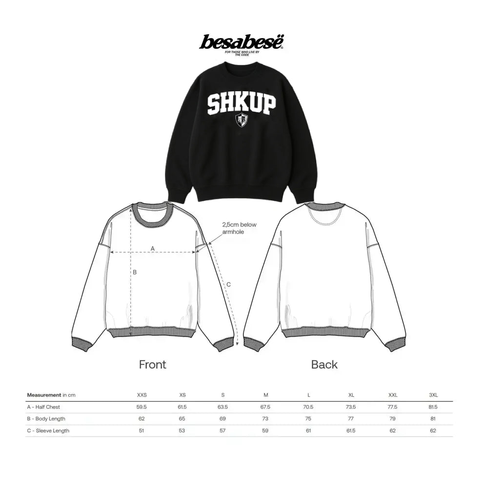 Black sweatshirt with 'SHKUP' text, shown from front and back views, on a white background.