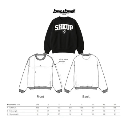 Black sweatshirt with 'SHKUP' text, shown from front and back views, on a white background.