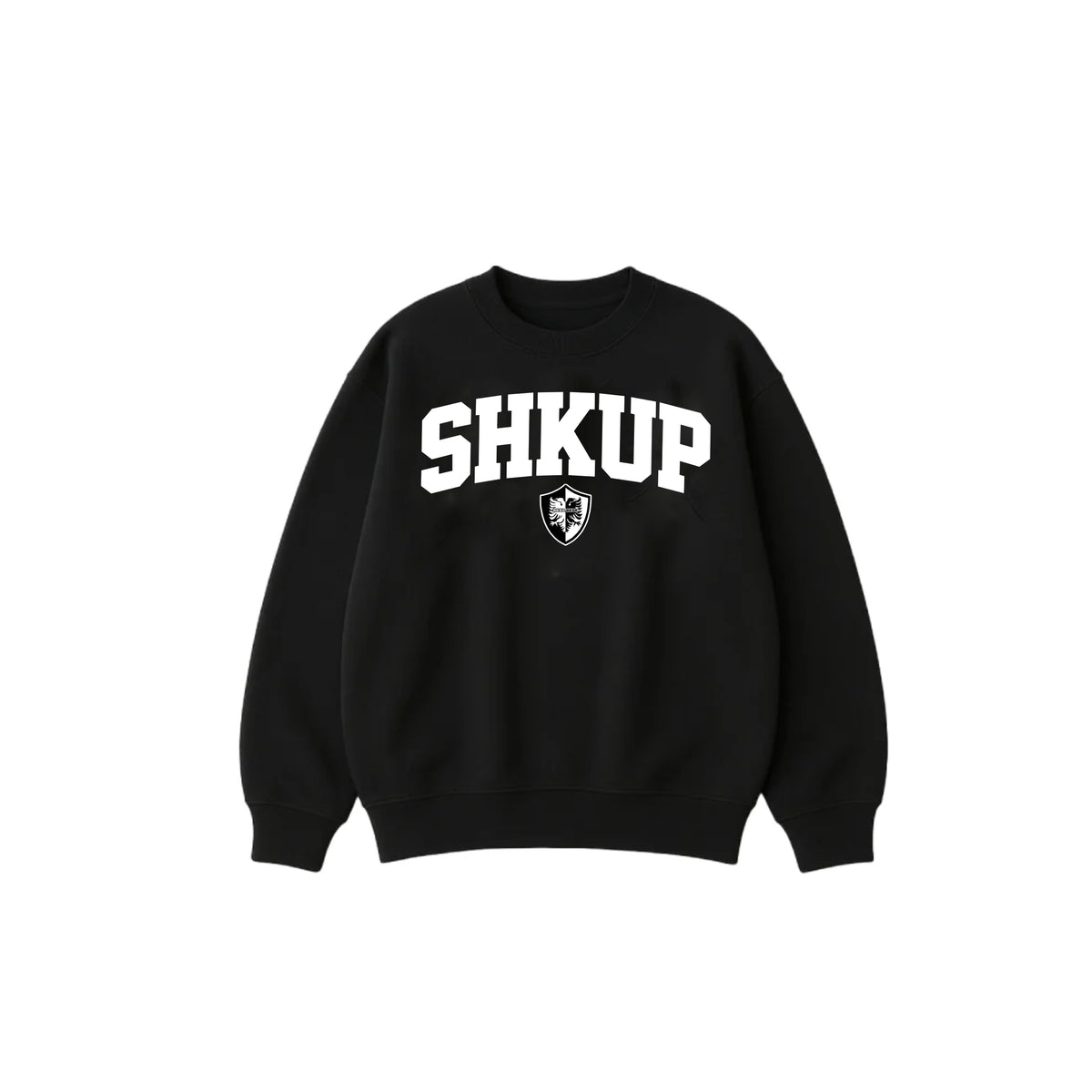 Black sweatshirt with 'SHKUP' text on a white background