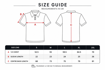 Size guide for a polo shirt with measurements in centimeters