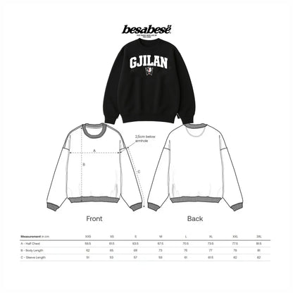 Black sweatshirt with 'GJILAN' text and measurements chart on a white background