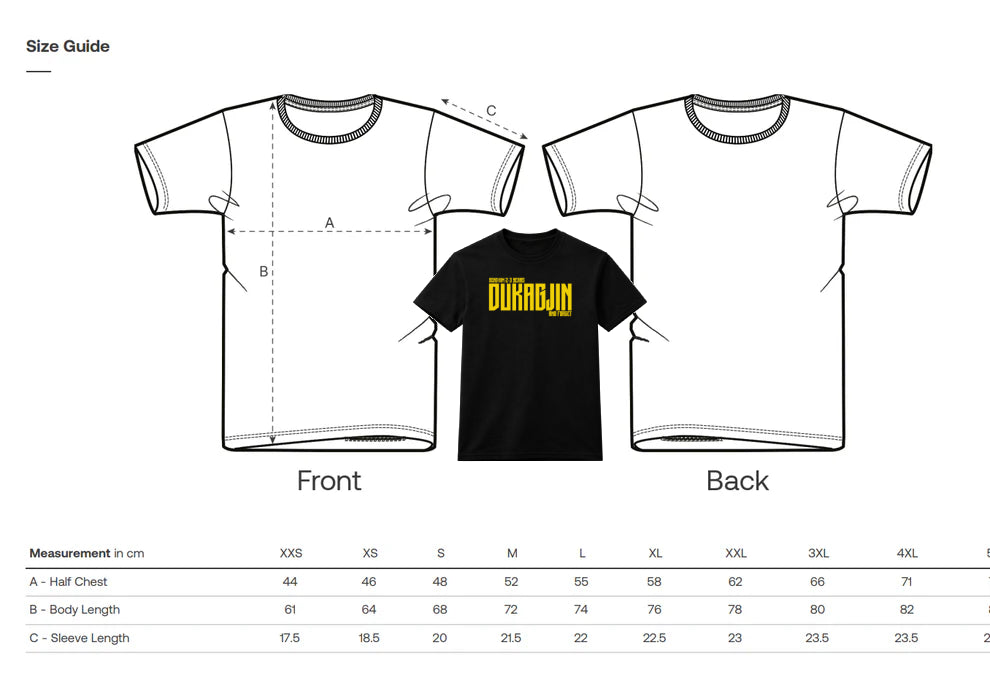 T-shirt size guide with front and back views and brand logo