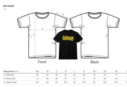 T-shirt size guide with front and back views and brand logo