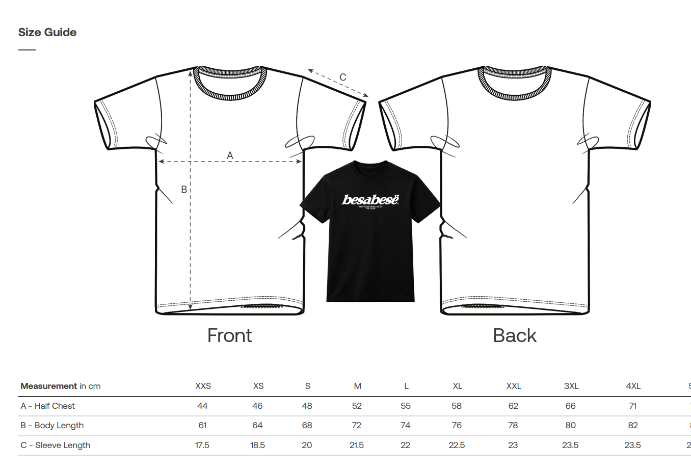 T-shirt size guide with front and back views and measurement chart.