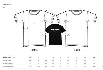 T-shirt size guide with front and back views and measurement chart.