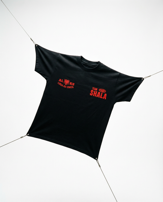 Black tarp with red text on a white background