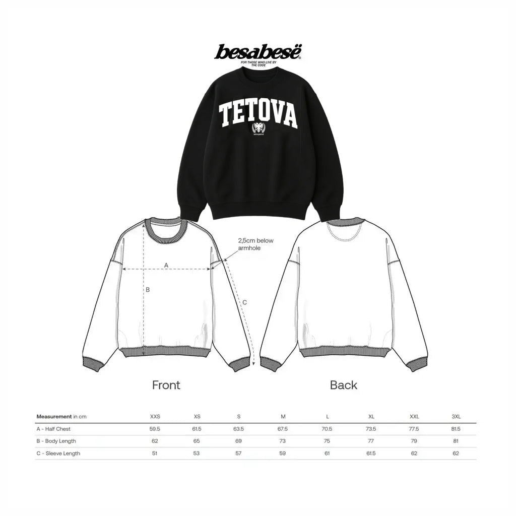 Black sweatshirt with 'TETOVA' branding and measurement chart for sizing on a white background.