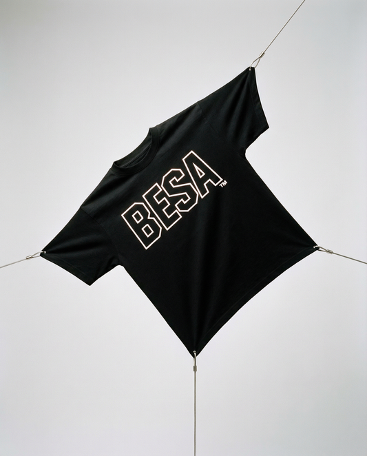 Black t-shirt with 'BESA' logo on a white background
