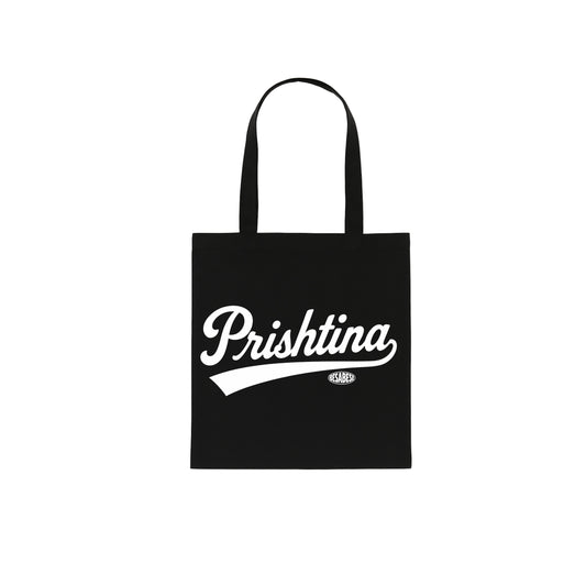 Black tote bag with 'Prishtina' printed in white on a white background