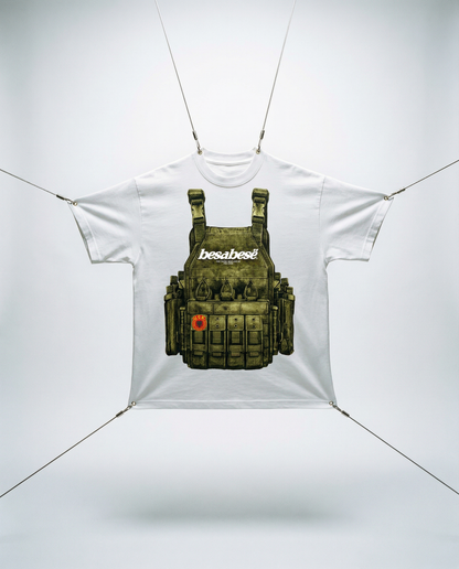White t-shirt with a tactical vest graphic and 'BesaBese' branding on a white background
